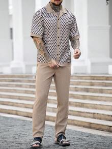 Manfinity Homme 男士休闲度假风印花短袖衬衫长裤套装，春夏秋季 - 卡其色 - 查看 6