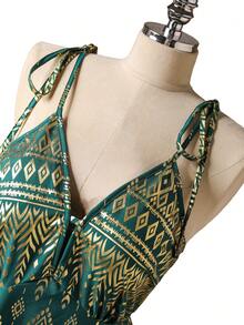 Rometta 大码女式波西米亚风V领系带印花长裙，绿色花卉印花V领系腰沙滩度假连衣裙，印花V领收腰显瘦长裙，适合海滩度假、夏季派对、休闲外出、购物、街头风或朋友聚会，轻松打造时尚造型 - 綠色 - 查看 3