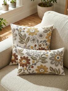 1pc Modern Minimalist Floral Embroidered Throw Pillow Cover, Suitable For Indoor Decor, All Season Cushion Cover, Pillow Insert Not Included - Grey - View 1