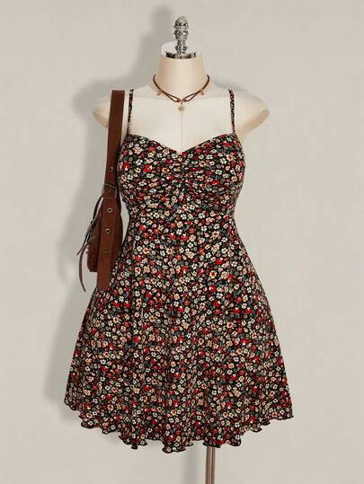 SHEIN ICON Plus-Size Fitted Floral Print Sundress For Women, Perfect For Summer, Back-To-School, Dances, And Other Occasions.