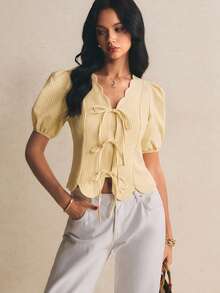 Poéselle 女士夏季休闲/工作款花瓣袖系带衬衫 - 黃色 - 查看 6
