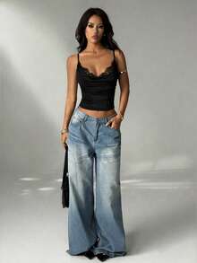 SHEIN PETITE Áo hai dây cổ tròn viền ren màu trơn dành cho nữ, áo tank top gợi cảm, áo kiểu sexy, áo đi nghỉ mát, áo mùa hè, áo đi chơi đêm cùng bạn bè. - màu đen - Xem 2
