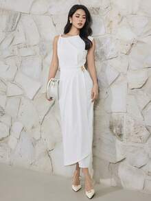 Heiryn This New, Uniquely Designed Dress Features An Asymmetrical Twisted Neckline, Asymmetrical Waist With Pleats, And An Elegant, Sophisticated Look Perfect For Commuting. - White - View 7