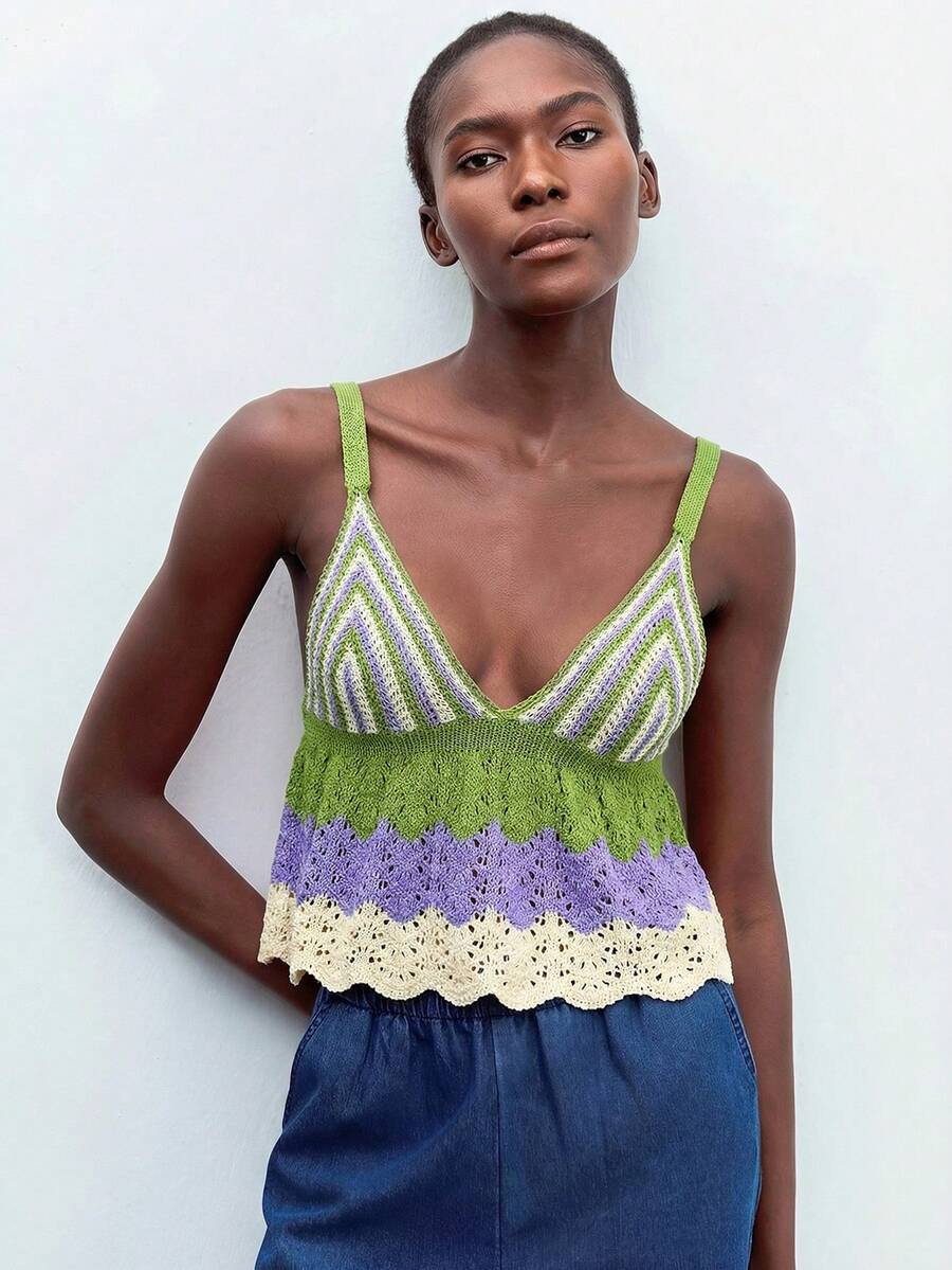 Maija Women's Contrast Color Patchwork Camisole Knit Top - Green - View 1