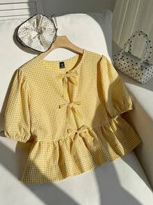 Comfortcana 加大码黄白格子系带短袖休闲衬衫 - 黃色 - 查看 6