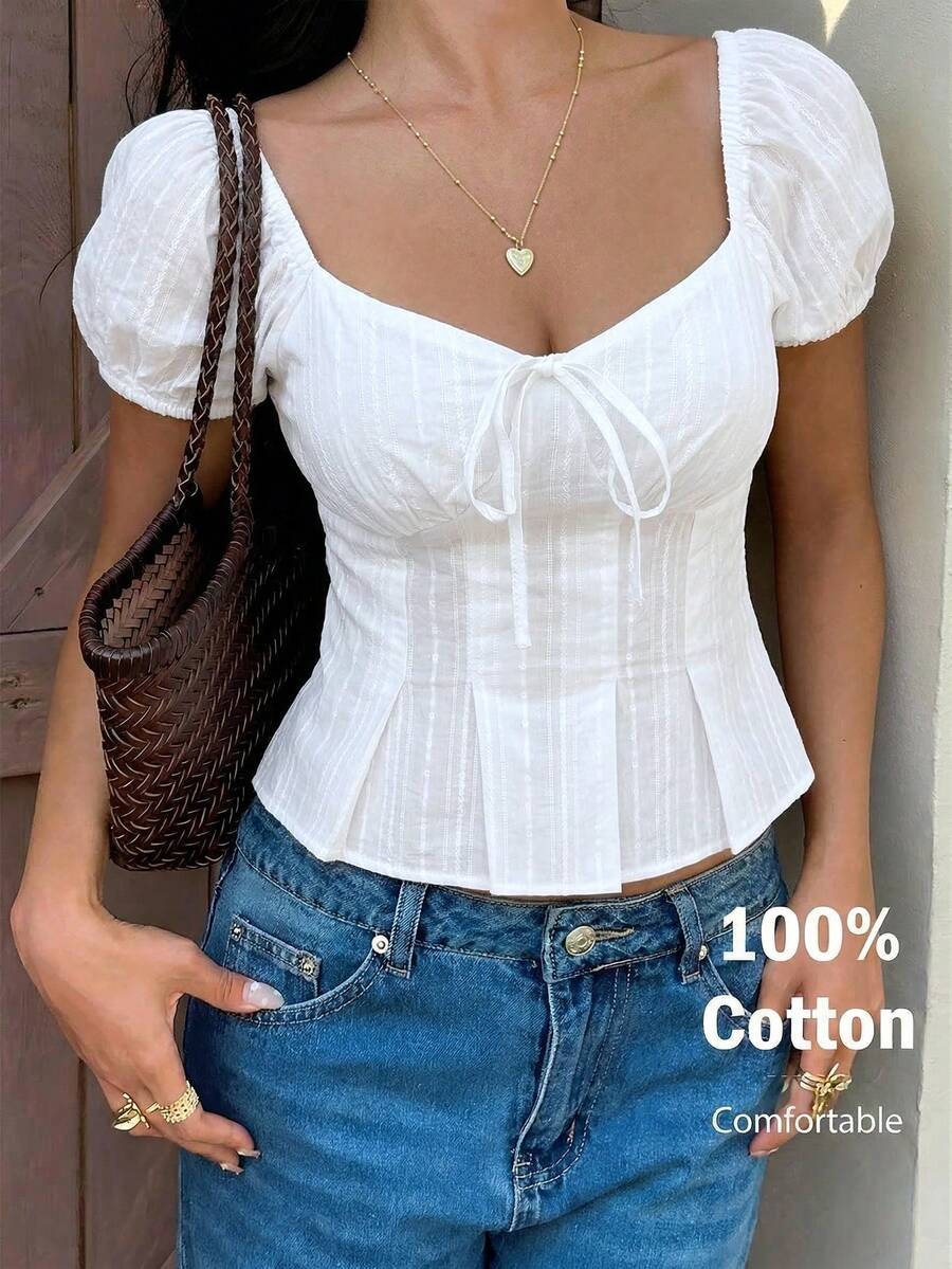 MainGRL 夏季休闲度假风白色短袖衬衫，带纹理泡泡袖，白色棉质上衣，系带前襟上衣，棉质衬衫 - 白色 - 查看 1