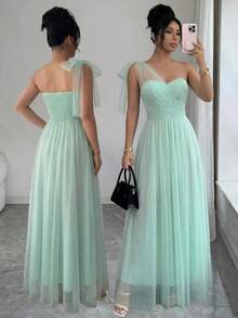 SHEIN Elenzya 无袖网纱抹胸蝴蝶结腰身A字优雅浪漫精致连衣裙，适合女士出席婚礼、聚会和派对等场合。 - 薄荷綠 - 查看 3