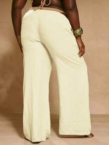 MUSERA Plus Size Mid Rise Wide Leg Drawstring Waist Trousers Vacation Beachwear Elegant Holiday Cute Summer Spring Party - Cream - View 4