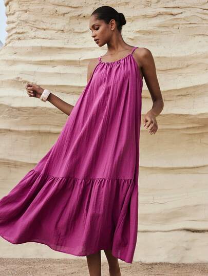 Maija Vestido de tirantes finos con lazo en la espalda de unicolor casual para vacaciones de mujer