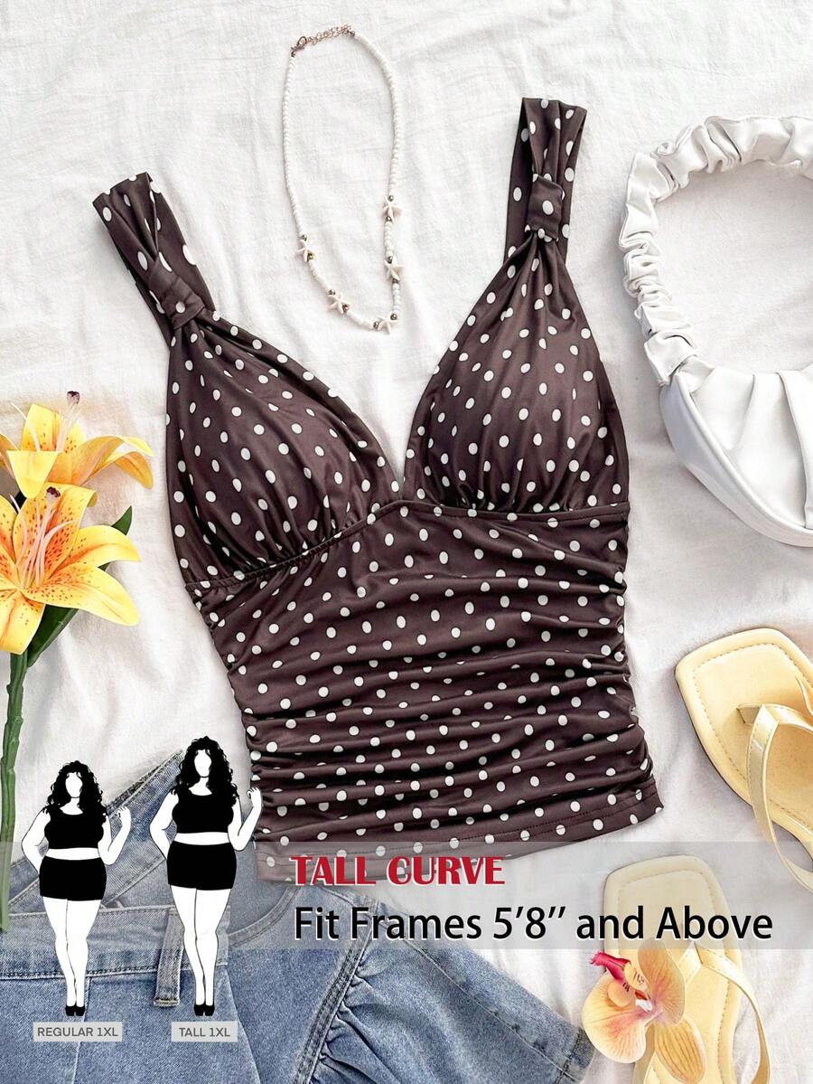 SHEIN Tall CURVE 大码褶皱波点吊带背心，时尚西部风格，春夏款 - 棕色 - 查看 1