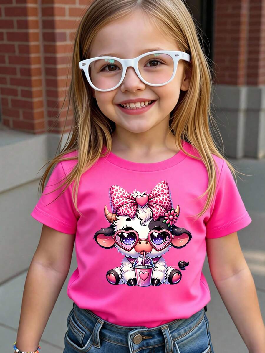 女童可爱奶牛印花T恤，萌趣动物图案，休闲简约圆领短袖，适合夏季穿着，夏季必备单品，夏季外出必备，韩版风格，返校必备，舒适百搭，春夏休闲穿搭，童装上衣及印花T恤，夏季新品，春夏时尚 - 白色 - 查看 1