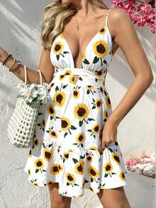 SHEIN 孕妇夏季休闲时尚向日葵印花露背吊带连衣裙 - 彩色 - 查看 2