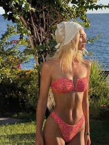 Swim Mod 一件装橙色玫瑰花卉印花V领性感可爱比基尼 - 彩色 - 查看 1