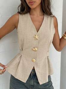 Aloruh 优雅商务休闲卡其色无袖背心外套，夏季纯色外套，饰有金属纽扣 - 卡其色 - 查看 5