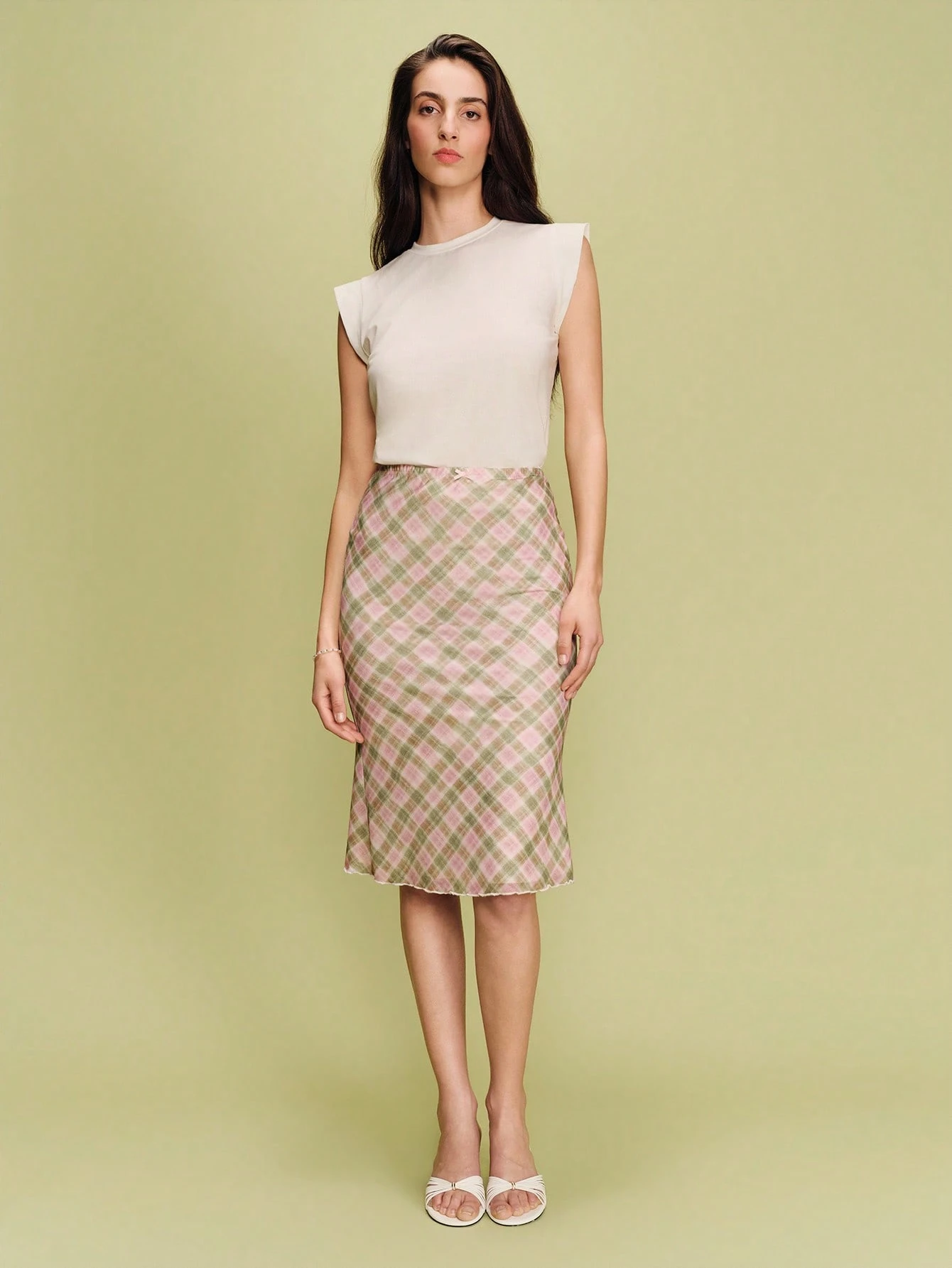 Midi Plaid Bias-Cut Mesh Skirt With Soft Drape