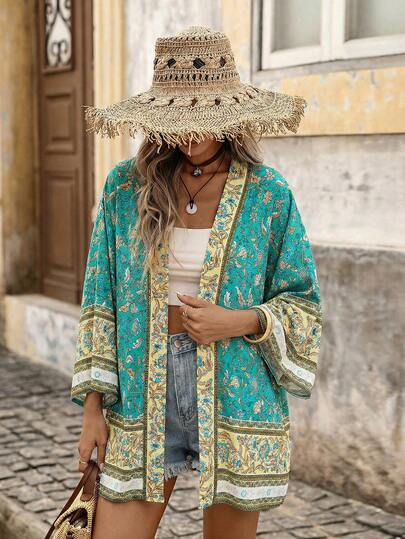Brillora Floral Print Kimono For Vacation & Beach