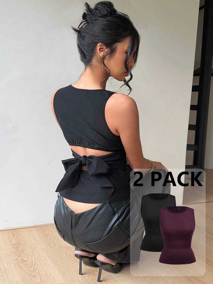 Aloruh 2件組女款露背蝴蝶結圓領無袖黑色夏季性感夜店上衣,Y2K風格,通勤休閒夏季上衣 - 彩色 - 查看 1