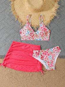 SHEIN Tween Girl Floral Print Tankini Swimsuit Set With Matching Cover-Up And Skirt, 3-Piece - Pink - View 3