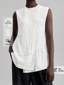 Ontre 2025新款奶油黄无袖亚麻混纺不对称宽松休闲衬衫，舒适OL通勤装，高品质机场时尚 - 杏色 - 查看 1