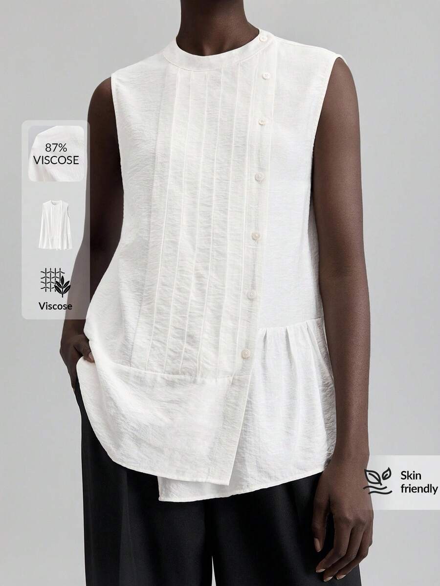 Ontre 2025新款奶油黄无袖亚麻混纺不对称宽松休闲衬衫，舒适OL通勤装，高品质机场时尚 - 杏色 - 查看 1