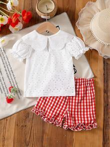 SHEIN Vintaside Kids Baby Girl Summer Casual Countryside Vacation Style Strawberry Applique Ruffle Collar Puff Sleeve Schiffy Top And Gingham Print Frill Hem Shorts Set - Multicolor - View 2