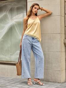 Selenza Nuevos jeans de pierna recta holgados con bordado floral diminuto, efecto estilizante para mujeres - Lavado ligero - Ver 1