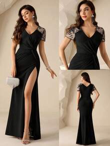 Coutiva Elegant Formal Black Spring Party Dress,V-Neck Lace Short Sleeve Mesh Inset Evening Gown,High Slit Mermaid Fishtail Hem,Ruched Waist Cocktail Dress - Black - View 2