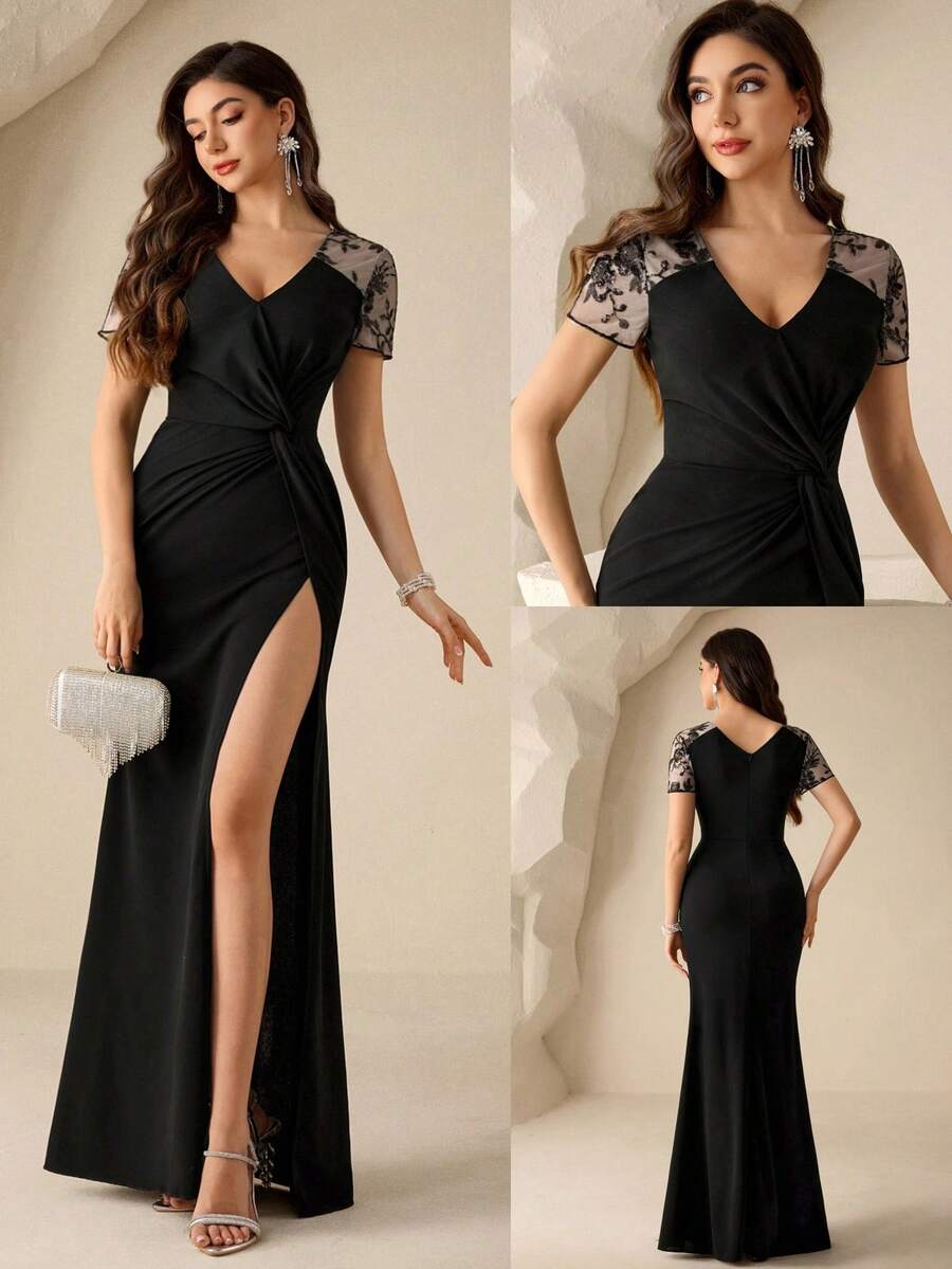 Coutiva Elegant Formal Black Spring Party Dress,V-Neck Lace Short Sleeve Mesh Inset Evening Gown,High Slit Mermaid Fishtail Hem,Ruched Waist Cocktail Dress
