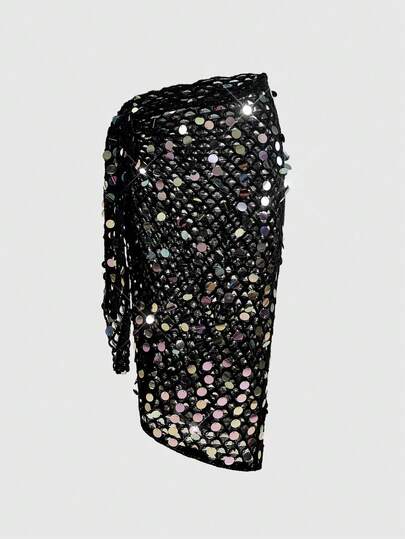 ROMWE Goth Women's Vacation Style Crochet Sequin Cover-Up