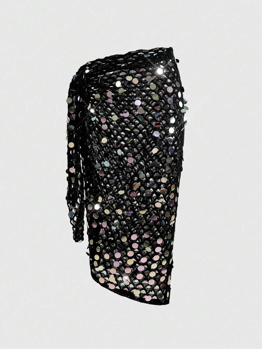 ROMWE Goth Áo khoác ngoài đính sequin móc len kiểu dáng nghỉ mát dành cho nữ - màu đen - Xem 1