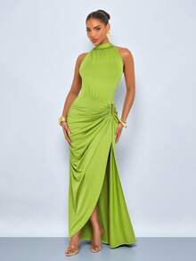 SOLERSUN 性感优雅女士，复古富贵风，休闲海滨度假风，春夏亮绿色吊带连衣裙，约会礼服，正式礼服，纯色连衣裙，绿色性感连衣裙，长款绿色连衣裙，高开衩连衣裙，青柠绿连衣裙，女士活动礼服，女士派对礼服，女士正式礼服，女士晚礼服 - 綠色 - 查看 7