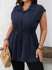Vionelle Kemeja Wanita Ukuran Besar untuk Musim Panas, Kasual/Kantor, Kancing Tersembunyi, Tali Serut di Pinggang, Dekorasi Dasi Kupu-kupu, Biru Tua - Navy Blue - View 5
