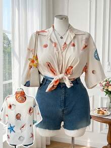 Sweetra Blusa holgada de talla grande para mujer con estampado de paisaje marino, elegante y casual, estilo de vacaciones, para primavera/verano - Albaricoque - Ver 1