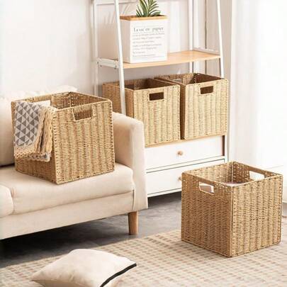 1 Giỏ đựng đồ đan tay thủ công dung tích lớn, đa năng, hình khối, thích hợp cho phòng khách, phòng ngủ, nhà bếp, ký túc xá, văn phòng, dùng để sắp xếp đồ dùng nhà cửa, mỹ phẩm, hộp đựng đồ, thùng rác, giỏ quà, hộp quà, kệ quà tặng, tủ treo tường, đồ trang trí nhà cửa và phụ kiện nhà bếp.