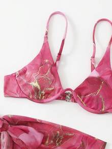 Vaytide Summer Beach Marble Print Ribbed Bikini Set Underwire Cami Bra & Cheeky Bottom & Beach Skirt 3 Piece Bathing Suit - Multicolor - View 4