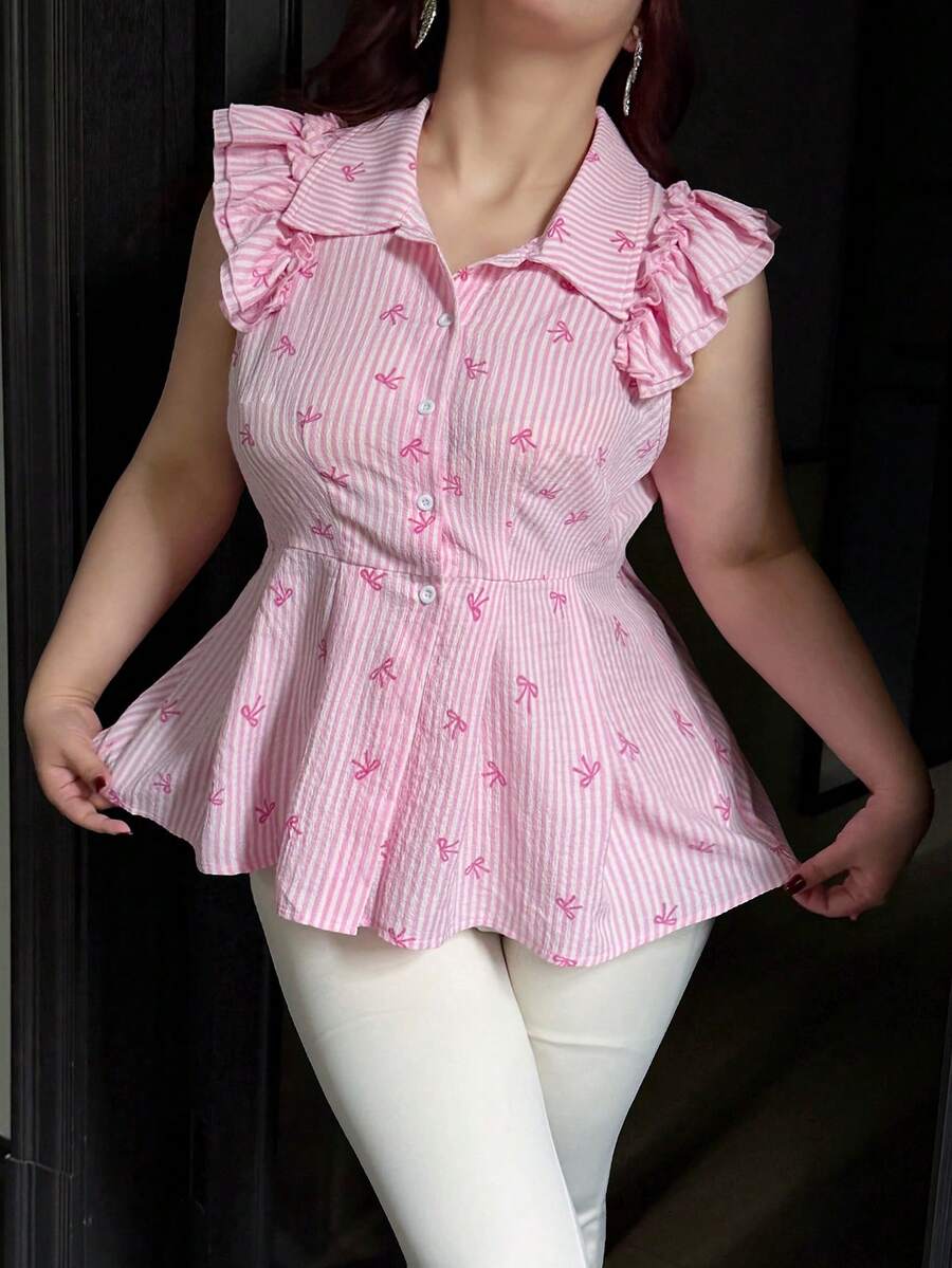 Vibekara 休闲优雅条纹蝴蝶结简约时尚荷叶边开衫衬衫，甜美度假休闲可爱约会派对女装 - 粉色 - 查看 1