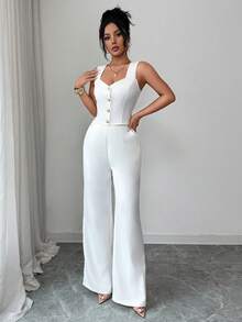 Selianne Women's Casual V-Neck Button Front Fitted Slim Thin Vest And Wide Leg Pants Suit - White - View 3