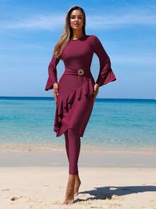 Swim Mulvari Women's New Burgundy Burkini Two Pieces Swimwear, Top Fashionable Maxi Dress Paired With Slim Fit Bottoms, Modest Beach Party Swimwear Set - Burgundy - View 3