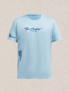 Mercer Haus 男士休闲标语印花短袖T恤，夏季 - 淺藍色 - 查看 1