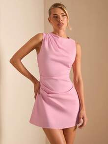 SHEIN BAE Đầm mini dáng chữ A màu trơn, bất đối xứng vai, xếp ly, thích hợp cho khách dự đám cưới, tiệc tùng, cocktail mùa hè, kỳ nghỉ biển, sinh nhật, đầm hồng nhẹ ôm sát, dành cho nữ mùa xuân/hè, tựu trường, tốt nghiệp, màu trắng tinh khiết, trang phục dự đám cưới, đầm thanh lịch gợi cảm tối giản, đầm duyên dáng, đi nghỉ mát & hẹn hò. - Hồng - Xem 5
