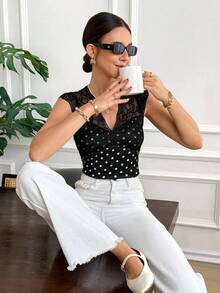 Serisse Blusa elegante de mujer con parches de encaje y estampado de lunares, para verano - Blanco y Negro - Ver 6