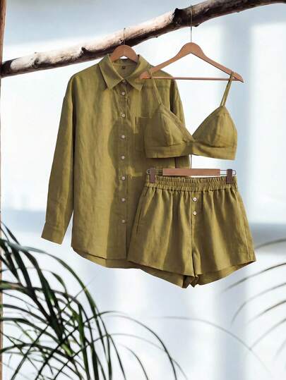 SHEIN Zanirela Bộ quần short và áo vest vải lanh rộng rãi màu trơn không tay phong cách Old Money dành cho nữ, Xuân/Hè