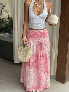 Aloruh 优雅浪漫约会之夜、婚礼季、海滩度假波西米亚风印花低腰百褶飘逸半身裙，粉色波西米亚风半身裙，性感海滩风 - 粉色 - 查看 3
