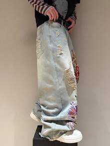 STEELVANCE 男士复古街头风时尚百搭猫须做旧磨边刺绣宽松阔腿休闲牛仔裤 - 藍色 - 查看 4