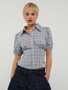 COUREZ Áo sơ mi kẻ caro tay phồng ôm dáng / Trang phục mùa hè Y2K cho nữ, áo sơ mi tay ngắn, áo sơ mi cài nút, trang phục mùa hè, trang phục đi chơi, trang phục lễ hội, trang phục đi xem hòa nhạc, trang phục mùa xuân cho nữ. - Màu xanh lam - Xem 7