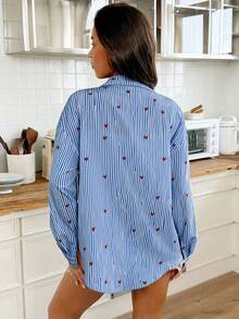 SHEIN Áo bầu in hình trái tim và sọc - Xanh và trắng - Xem 2