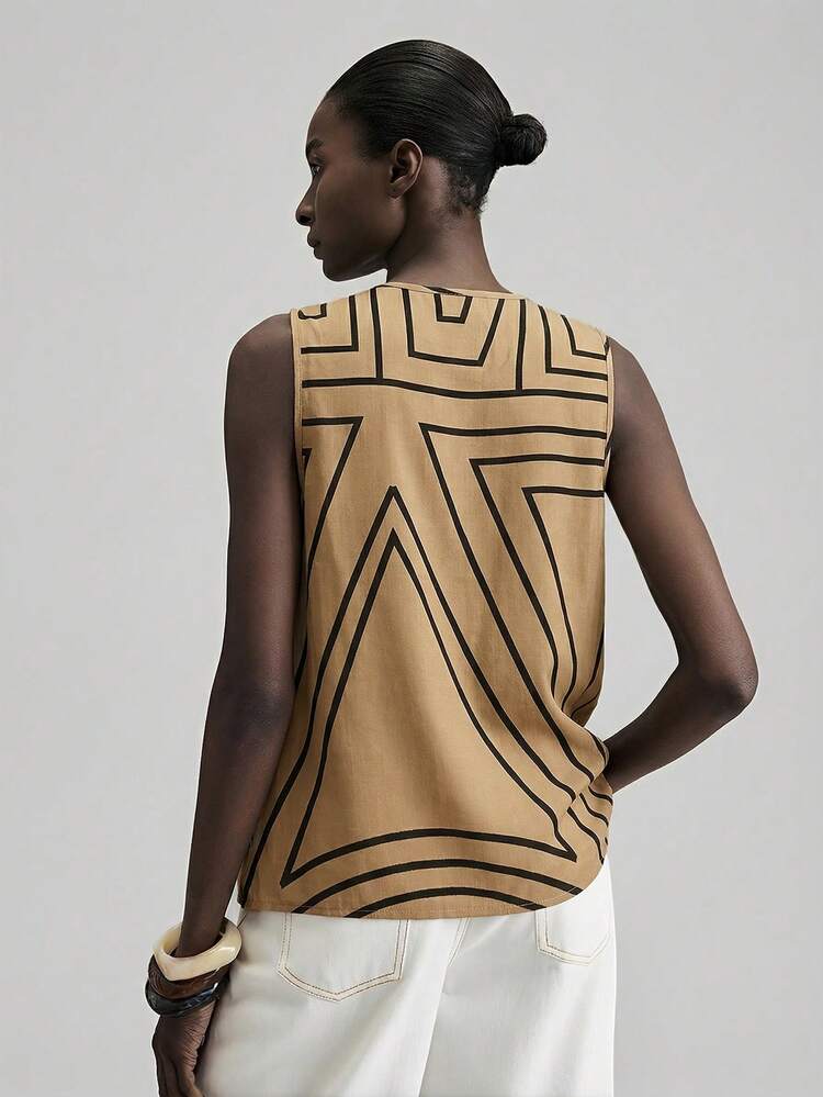 2026SS New Summer Women's Vest, Woven Fabric Loose Fit, Twist Design Asymmetric Asymmetrical, Modern Urban Style, Minimalist Comfortable, Printed Material, Brown Top, Daily Wear, Commute Casual, Vacation, Tea Party, Vintage Fashion Versatile Women's Vest