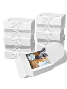 SHEIN Conjunto de 10 caixas de papel kraft branco com tampa e laço de fita, 3 tamanhos disponíveis para lembrancinhas de casamento, damas de honra, aniversários, Dia dos Namorados e Dia das Mães. Ideal para embalagens de presentes. - Branco - Ver 2