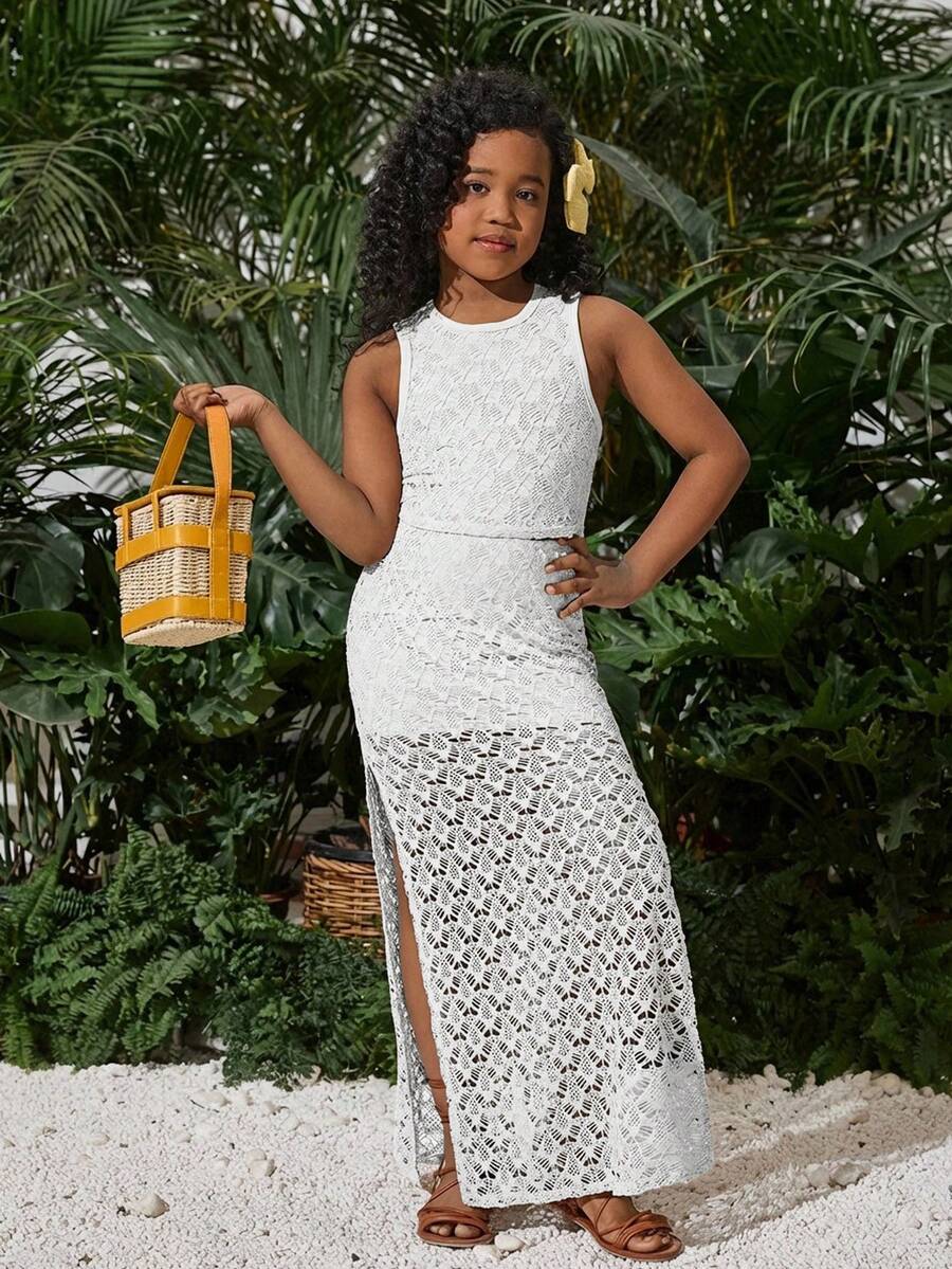 Tween Girl Vacation Knit Crochet Vest & Slit Skirt Set, Suitable For Music Festival, Boho Style - White - View 1