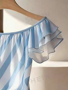 Franclia Plus Size French Style Off-Shoulder Ruffle Trim Striped Blouse Striped Top - Baby Blue - View 3